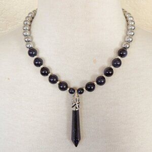 Southwestern Navy Blue & Silver Sparkle Sandstone Point Pendant Necklace